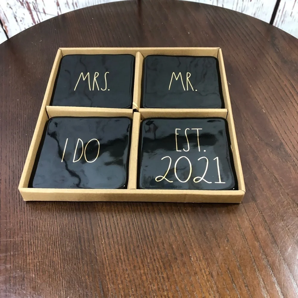 RAE DUNN Set of 4 Black Gold Lettered Coasters - 